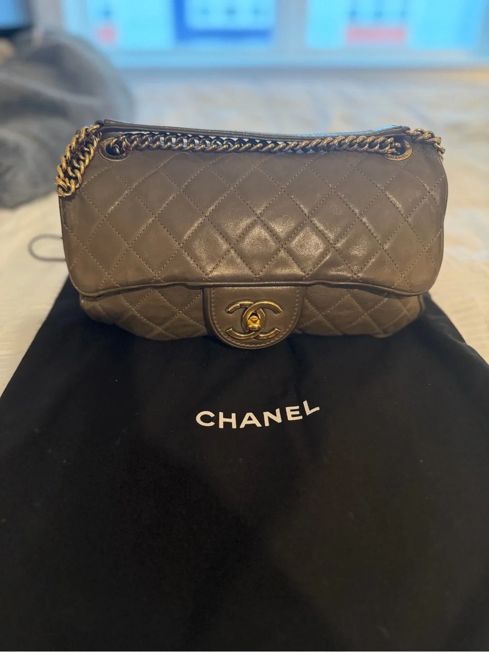 CHANEL Shiva Quilted Iridescent Taupe handbag with Gold Hardware